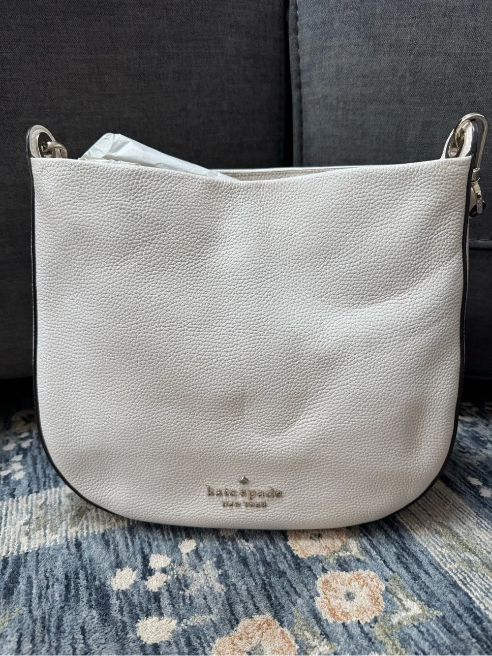 kate spade White Pebbled Leather Crescent Shoulder Bag with Silver Hardware